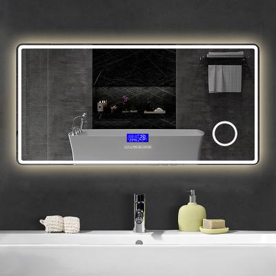 China Rectangle Smart Bright Modern LED Bathroom Wall Lighted Backlit LED Bathroom Mirror With Time Display for sale