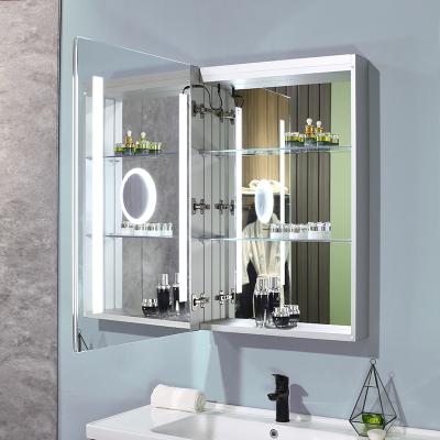 China Modern Wall Lighted Storage Bathroom Mirror Medicine Cabinet With Demister And Interior Mirrors for sale