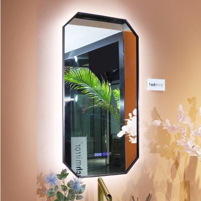 China Bright Popular Time Display Black Framed LED Backlit Bathroom Mirror for sale