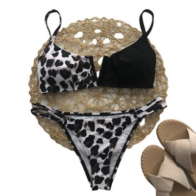 China Breathable Sexy Leopard Two Piece Black Patchwork Underwire Bra Ladies Swimwear Thong High Top Bikini Sets for sale