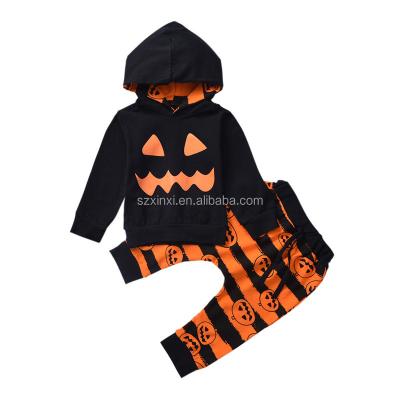 China Halloween Baby Boy Clothing Set Pumpkin Hoodie Hooded Tops And Pants Striped Baby Kids Clothes Sets for sale