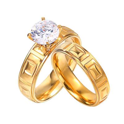 China Wholesale Tarnish Free Jewelry Environmentally Friendly Stainless Steel Zircon Wedding Couple Rings 18K Gold Plated Diamond Engagement Ring Set Elegant for sale