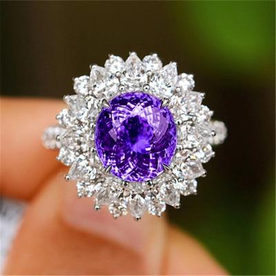 China Flower Environmental Friendly Luxury Full Copper Zircon Ring Purple Cubic Zirconia Crystal Adjustable Rings for sale