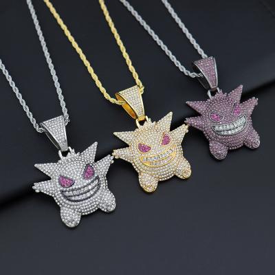 China Environmentally Friendly Hip Hop Pendant Cartoon Gengar Necklaces Kids Memorabilia 3A Zirconia Iced Out Necklace Jewelry for sale