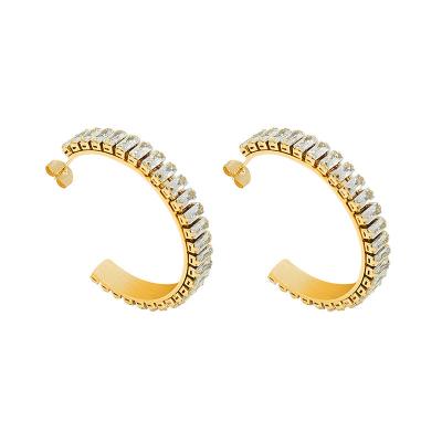 China Luxury High Quality Environmental Friendly CZ Zircon Pave Part Stud Earring 18K Gold Plated Stainless Steel Big Crystal Hoop Earrings Jewelry for sale