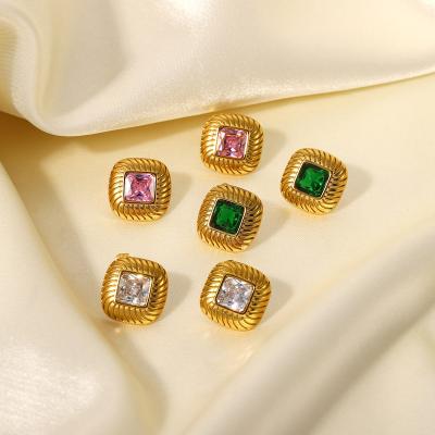 China Environmental Friendly Fashion Jewelry 18K Gold Plated Stainless Steel Green Square Button Colorful Zircon Stud Earrings For Women Gift for sale