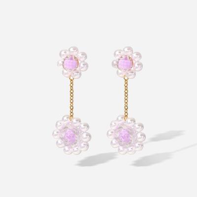 China 18K Gold Crystal Stud Earrings For Women Purple 2022 New Arrival Environmental Friendly Stainless Steel Woven Pearl Flower Drop Earrings for sale