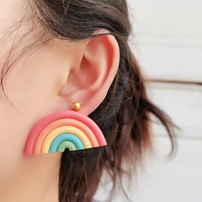 China Handmade Polymer Clay Earrings For Girl Clay Stud Earring Cute Romantic Bohemian Environmental Friendly Rainbow Semicircle for sale