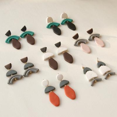 China Vintage Environmental Friendly Multicolor Handmade Polymer Clay Long Earring Fashion Pottery Geometric Clay Earrings Jewelry Wholesale for sale