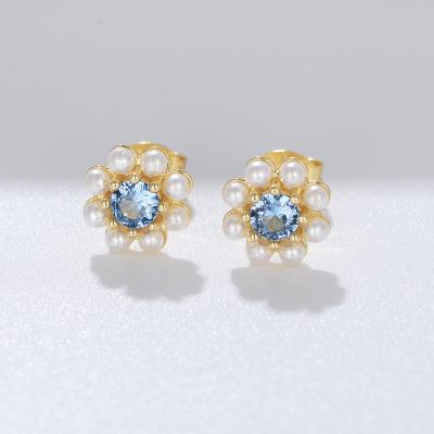 China Environmental Friendly Fashion Handmade Jewelry 925 Sterling Silver Blue Zircon Pearl Flower Stud Earrings For Women for sale