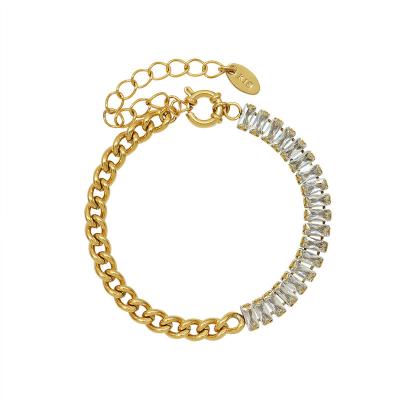 China New Trendy Environmental Friendly 18k Gold Plated Stainless Steel Jewelry Baguette Diamond CZ Stone Iced Out Adjustable Tennis Chain Bracelet for sale