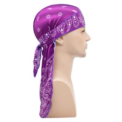 China Custom Breathable Unisex Soft Silk Hair Accessories Bandana Printing Durag Men Hip Hop Tail Long Tie Paisley Africa Silky Durags for sale