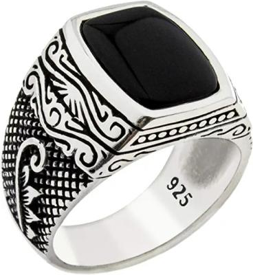 China Fashion Solid 925 Sterling Silver Onyx Stone Turkish Leaf Design Luxury Mens Handmade Ring for sale