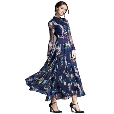 China T-D058 Anti-wrinkle high fancy waist printed Chiffon Long Sleeve Maxi Long Women Casual Dresses for sale