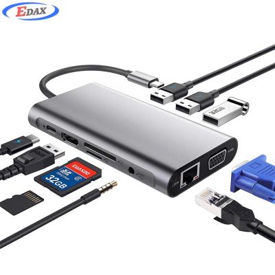 China USB C Hub Type-C Adapter 10 in 1 Thunderbolt 3 Audio Mic-Port Mic-Port 4K Ethernet 4K HDMI VGA USB 3.0 Ports Card Reader CH10-002 for sale