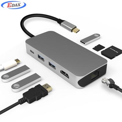 China Mobile Devices .desk Computer USB C Hub 8 in 1 Type C Adapter with 4K HDM 1 Gigabit Ethernet RJ45 SD/TF 3USB3.0 for sale