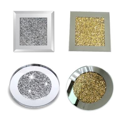 China Bulk Sustainable 4X4INCH Mirror Glass Coasters Diamond Coasters Cup Mat Crushed Gold Coaster for sale