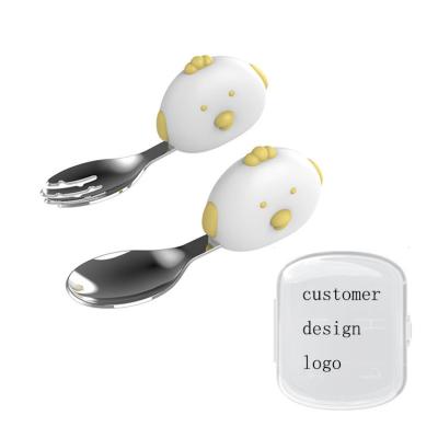 China Customized Viable Design Kids Spoon Cartoon Chick Infant Kids Training Knife And Fork for sale