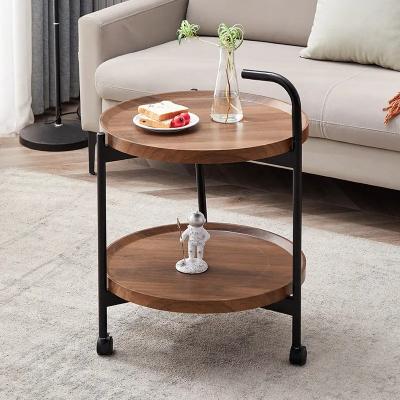 China Circular Creative Wooden Trolley Living Room Furniture Bedroom Bed Mobile Bedside Adjustable (Height) Small Sofa Side End Coffee Table With Wheels for sale