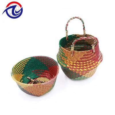 China Sustainable Natural Handmade Woven Rattan Plant Pots Vegetable Plankton Belly Basket Storage Laundry Basket for Home Storage and Plants with Handles for sale