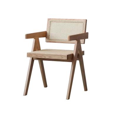 China Customized Walnut Kitchen Dining Chairs With Rattan Backrest Mid Century Modern Solid Wood Dining Chair With Arm for sale