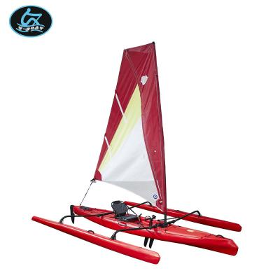 China Traveling leisure outdoor U-boat high quality plastic trimaran small sinle sit on top sailboat with aluminum seats with rudder system for sale