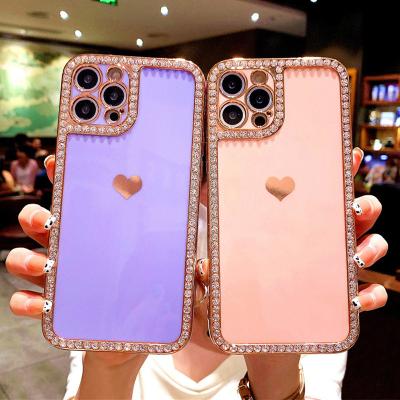 China Anti-fall Diamond Decoration Bumper Electroplating Love luxury heart mobile phone cover for iphone 12 pro 11 max XS XR 7 8 plus for sale