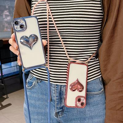 China Phone Strap 3D Love Heart Case For iPhone 13 Soft TPU Cross - Body Lanyard Plating Bumper Mobile Phone Cover For iPhone 13 Pro Max for sale