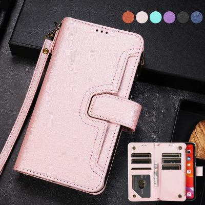 China Phone Strap For iPhone 13 Pro Durable PU Leather Magnetic Flip Lanyard Strap Wristlet Zipper Card Holder Wallet Phone Case For iPhone 13 for sale