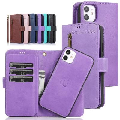 China Phone Strap Zipper Wallet Case For iPhone 13 Pro Magnetic Detachable PU Leather Phone Case With Card Slots Holder For iPhone 12 Pro Max for sale