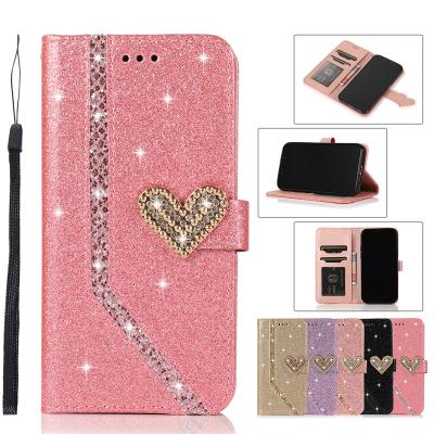 China Luxury Anti-fall Diamond Heart Shape Glitter Bling Phone Case For iPhone 12 Pro Max Flip Folio PU Leather Wallet Case For iPhone 13 13 pro for sale