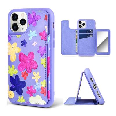 China Anti-fall Makeup Mirror Phone Case PU Leather Case For iPhone 12 Magnetic Card Slots Holder Wallet Pocket Mobile Case For iPhone 11 Pro Max for sale