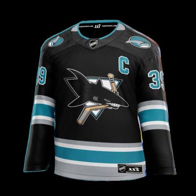 China 67 Buyers Dryfit Shark Sublimation Polyester Ice Hockey Jersey Breathable Hot Selling OEM Hockey Tank Top 100% Black for sale