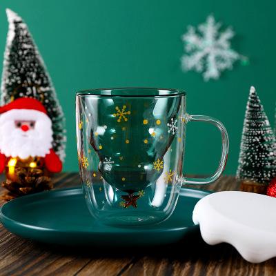 China Amazon Morden Christmas Tree Luxury Hot Sale 300ml Double Wall Glass Mug With Handle With Lid Christmas Gift Gift for sale