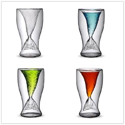 China New Arrival 80ml Double Layer High Borosilicate Mermaid Tail Glassware Fish Beer Wine Cup Cocktail Glass Drinking Mug for sale