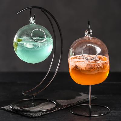 China New Personality Bar Ideas Hanging Basket Cocktail Glass Heart Moon Iron Frame Hanging Bottle Juice Beverage Molecular Special Drinks Cup for sale