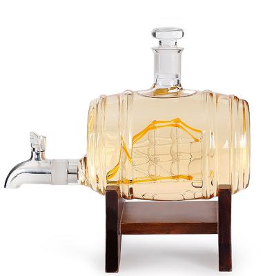 China Single 1L 1000ml Wine Barrel Shaped Glass Bottle Whiskey Wine Liqior Decanter With High Wooden Base With A Boat Interior for sale