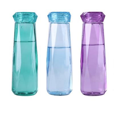 China Morden Luxury Hot Sale 420ml Portable Diamond Amazon Water Bottle Glass Rose/Blue/Green/Purple/Yellow Color Drinking Glasses for sale