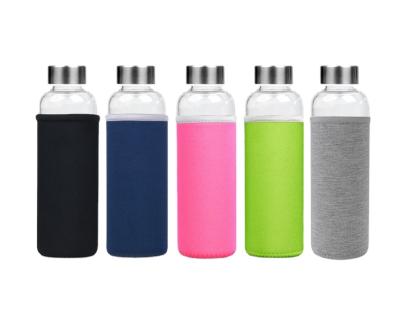 China 450ml 550ml Craft Gift Folder Stored Glass Water Bottle With 304 Stainless Steel Lid Filter With Cloth Sleeve for sale