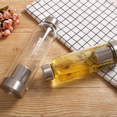 China Promotion Stocked Borosilicate Recycled Glass Water Bottle With Stainless Steel Tea Filter Drinking Glass Water Bottle for sale