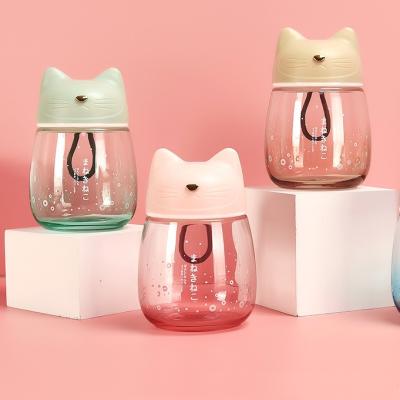 China 300ml cartoon logo stocked glass water bottle custom cheap clear cute cat juice milk drink with rope for kids for sale