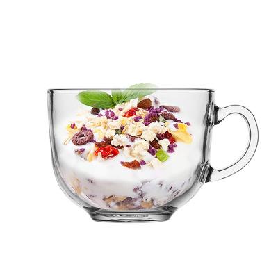 China Stocked supply modern reusable kitchen fruit single milk water juice cup clear glass salad bowl with handle for sale