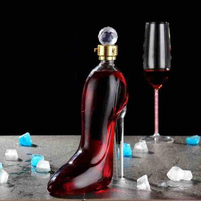 China Single Borosilicate 350ml 750ml High Heel Wine Shoe Shape Liquor Whiskey Red Wine Glass Bottle For Bourbon Vodka for sale