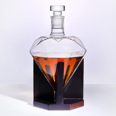 China Wine Grade Wine Container Fancy Top Clear Glass Premium Customized Irregular Diamond Bottle With Pine Wood Frame for sale