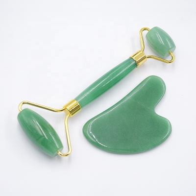 China Whitening Stone Green Natural Aventurine Roller Jade Gua Sha Facial Set for sale