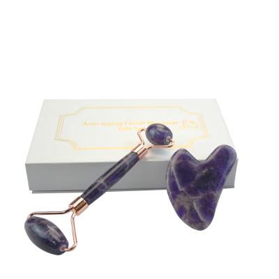 China Double 100% Natural Amethyst Jade Roller and Amethyst Gua Sha Sets of Rollers for sale