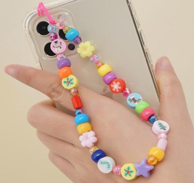 China Wholesale Handmade Rainbow Color Smiley Face Fruit Pearl Polymer Clay Beaded Phone Lanyard Wrist Strap Mobile Phone Charm Chain for sale