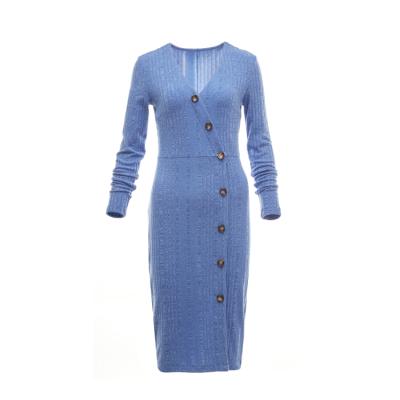 China Viable High Quality Fashion Ribbed Midi A Line Solid V Neck Long Dress With Buttons for sale