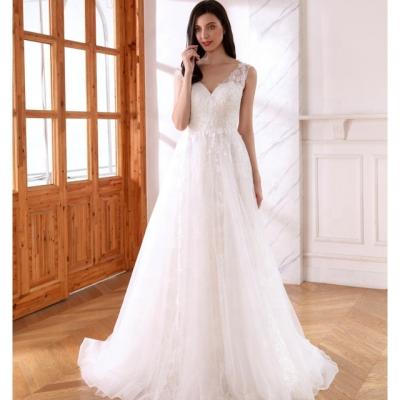 China LW1984 Beach Breathable V Neck Sleeveless Soft Tulle Wedding Dresses With Beaded Lace Applique Plus Size Wedding Gowns Available for sale