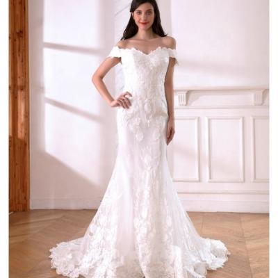 China LW4101 High Quality Breathable Off-Shoulder Sheath Wedding Dresses With Lace Applique Zipper Back Wedding Gowns for sale